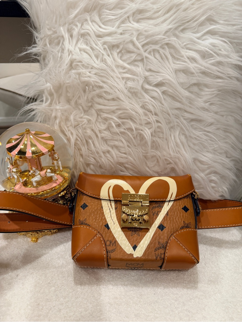 MCM Cognac Visetos Crossbody Bag with Cream Heart and Gold Hardware